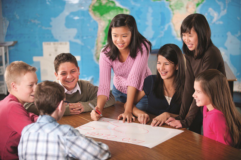 Eighth graders in a classroom working on a project. -