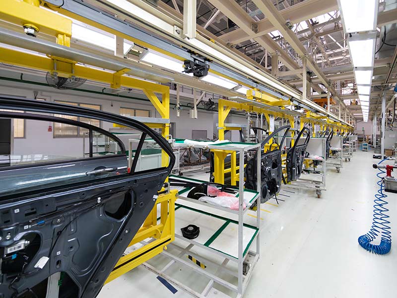 Automated car Assembly line. Assembly of car door. plant of automotive industry. Line of car body