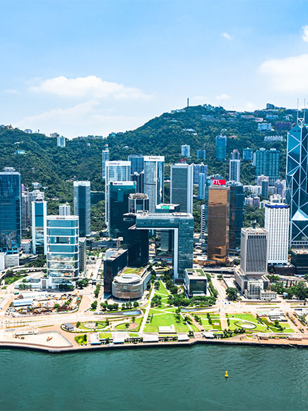 Aerial view of a city on the river bank