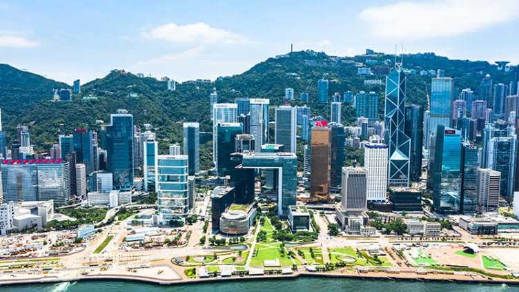 Aerial view of a city on the river bank