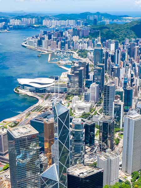 Aerial view of a city on the river bank