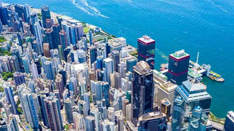 Aerial view of a city on the river bank