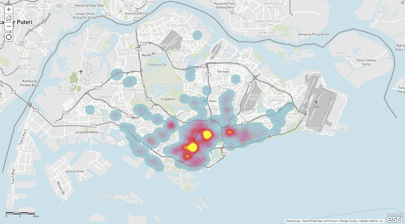 Heatmap of co-living room locations in Singapore as of end 2023