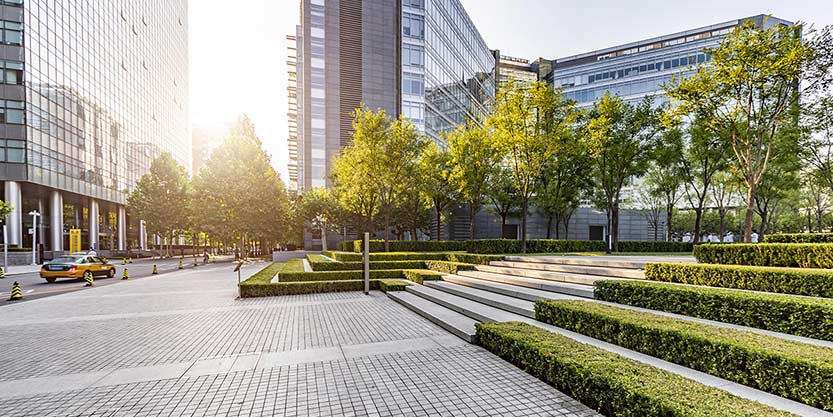 City center with skyscrapers and greenery