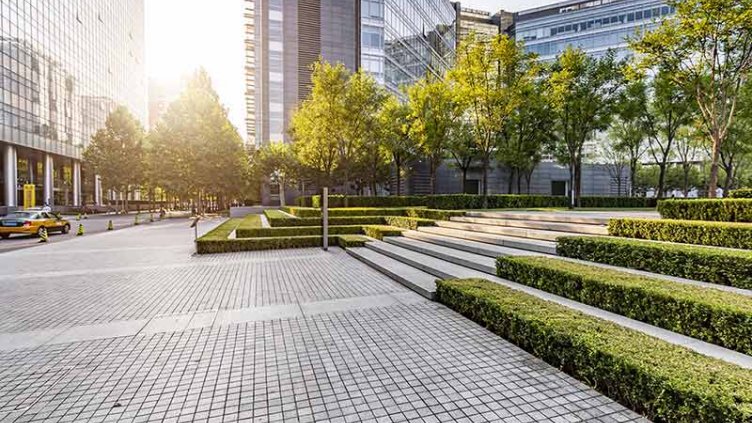 City center with skyscrapers and greenery