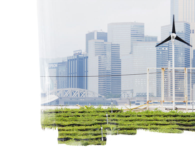 Wind turbine and garden in front of a city skyline.