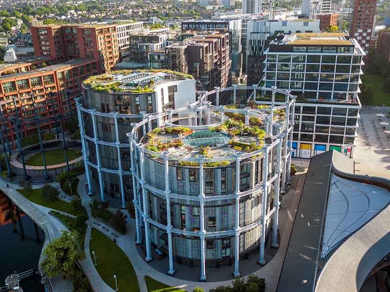 Aerial shot of older and modern buildings