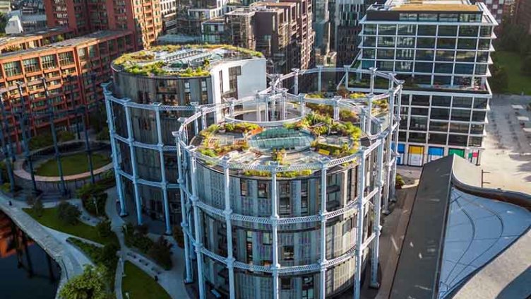 Aerial shot of older and modern buildings